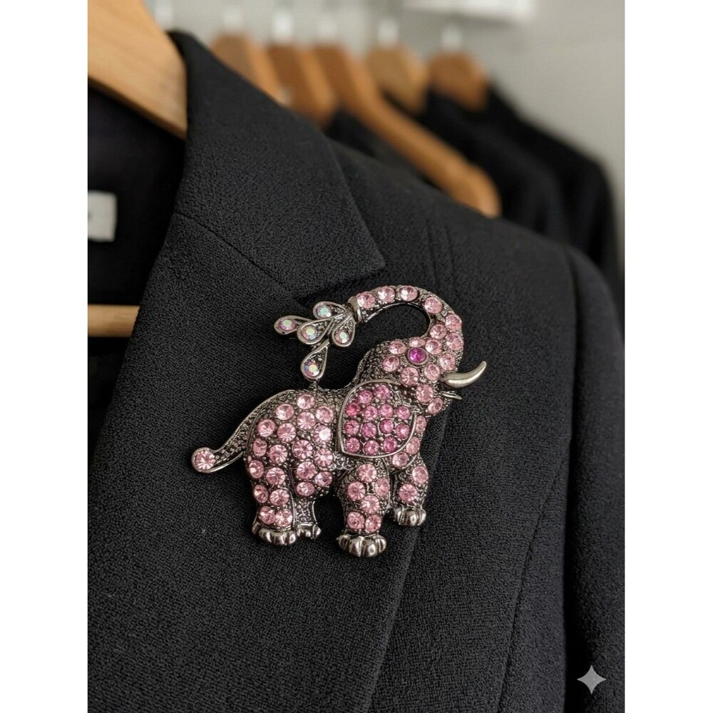 Vintage Pink Rhinestone Elephant Brooch Gunmetal Trunk Up Lucky Pin 2"